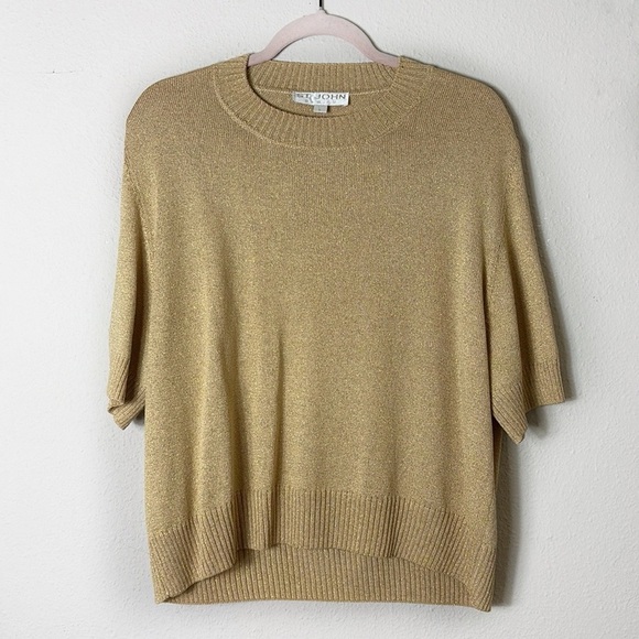 St John Basics Metallic Gold Knit Waist Length Short Sleeve Sweater Top Sz L - Picture 1 of 7